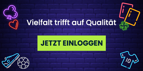 Neon Banner mit Spielkarten Symbolen und Einloggen Button